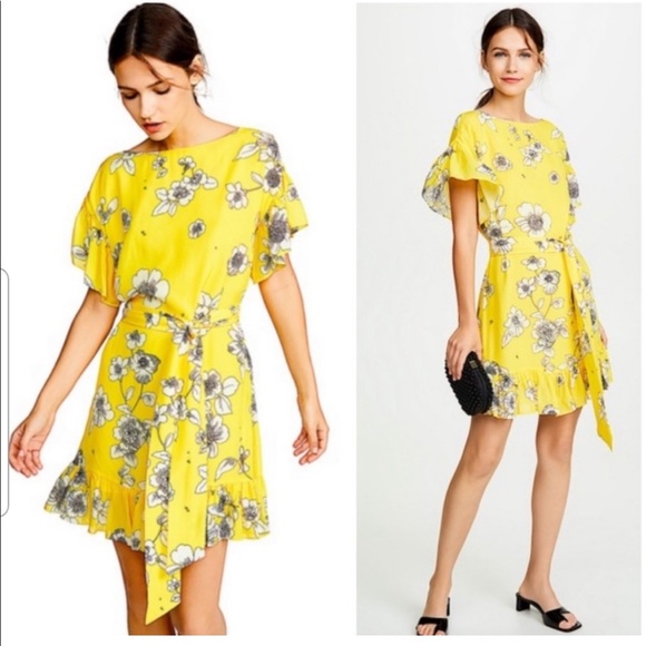 Alice + Olivia Dresses & Skirts - Alice + Olivia Ellamae Floral Print Drop Shoulder Tie Waist Ruffle Yellow Dress